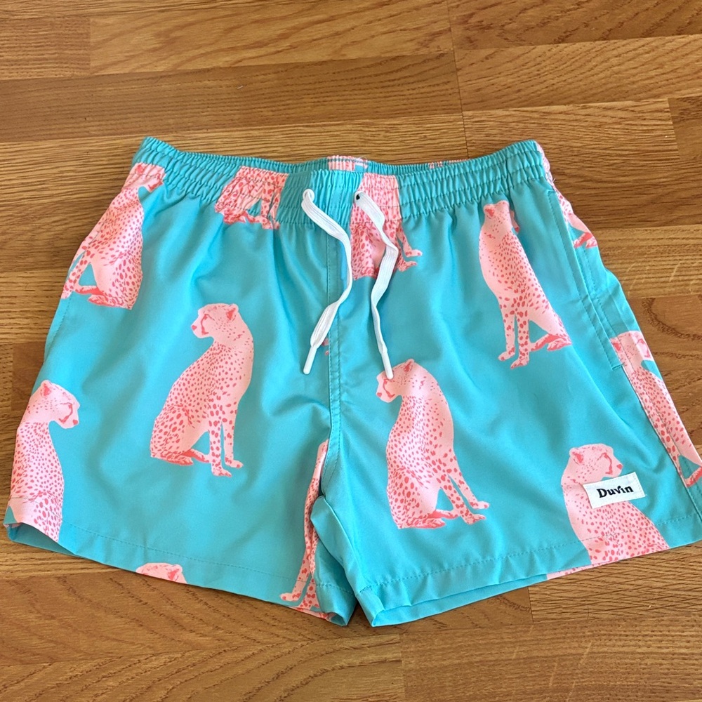 Duvin Turquoise Swim Trunks with Pink Cheetah Print